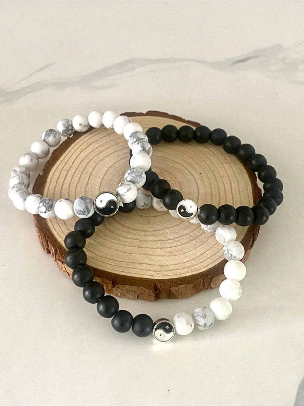 Yin Yang Beaded Stretch Bracelet Set - Black and White